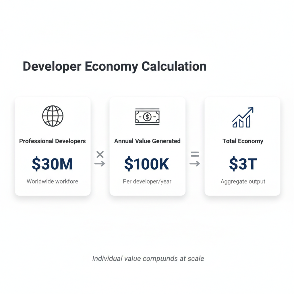 Horizontal flow diagram showing three connected metric cards revealing the structure of the $3 trillion developer economy: 30 million professional developers (with globe icon) multiplied by $100,000 annual generated value per developer (with dollar icon) equals $3 trillion in aggregate economic output (with growth arrow icon), connected by multiplication and equals operators with flow arrows demonstrating how individual value compounds at scale.