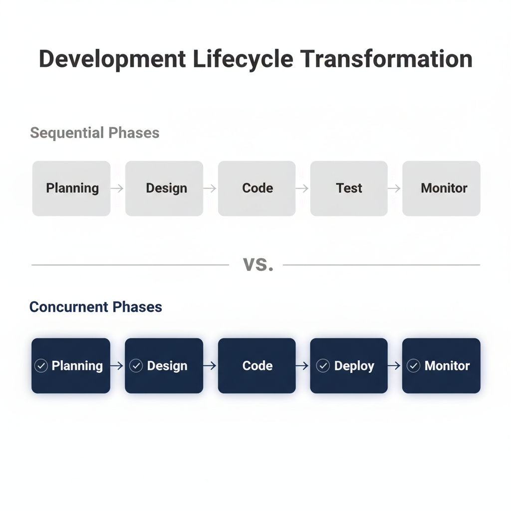 Before-and-after comparison diagram showing software development phases: top section displays six light gray rectangular cards in sequence (Planning, Design, Code, Test, Deploy, Monitor) labeled "Sequential Phases" with arrows connecting them; middle divider shows "vs."; bottom section shows the same six phases as dark navy blue cards labeled "Concurrent Phases" with white checkmark icons, demonstrating the transformation from traditional sequential workflow to modern concurrent AI-enabled development.