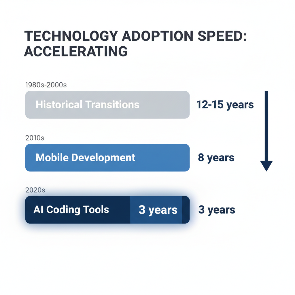 Horizontal timeline showing five technology waves as descending staircase bars revealing accelerating adoption speeds in software development: Personal Computers (12 years, 1980s, light gray), Internet (10 years, 1990s, medium gray), Cloud Computing (15 years, 2000s, medium gray), Mobile Development (8 years, 2010s, light navy), and AI Coding Tools (3 years, 2020s, deep navy highlighted), with downward arrow on right showing acceleration trend and descending staircase pattern demonstrating exponential acceleration of technology adoption.