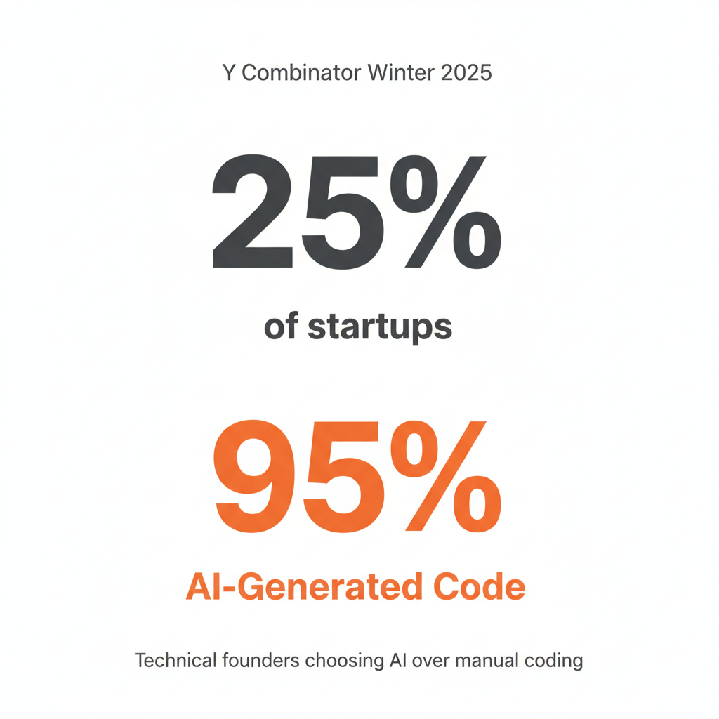 Infographic showing 25% of Y Combinator Winter 2025 startups had approximately 95% AI-generated codebases, visualized as a grid of 100 startup icons with 25 highlighted in orange