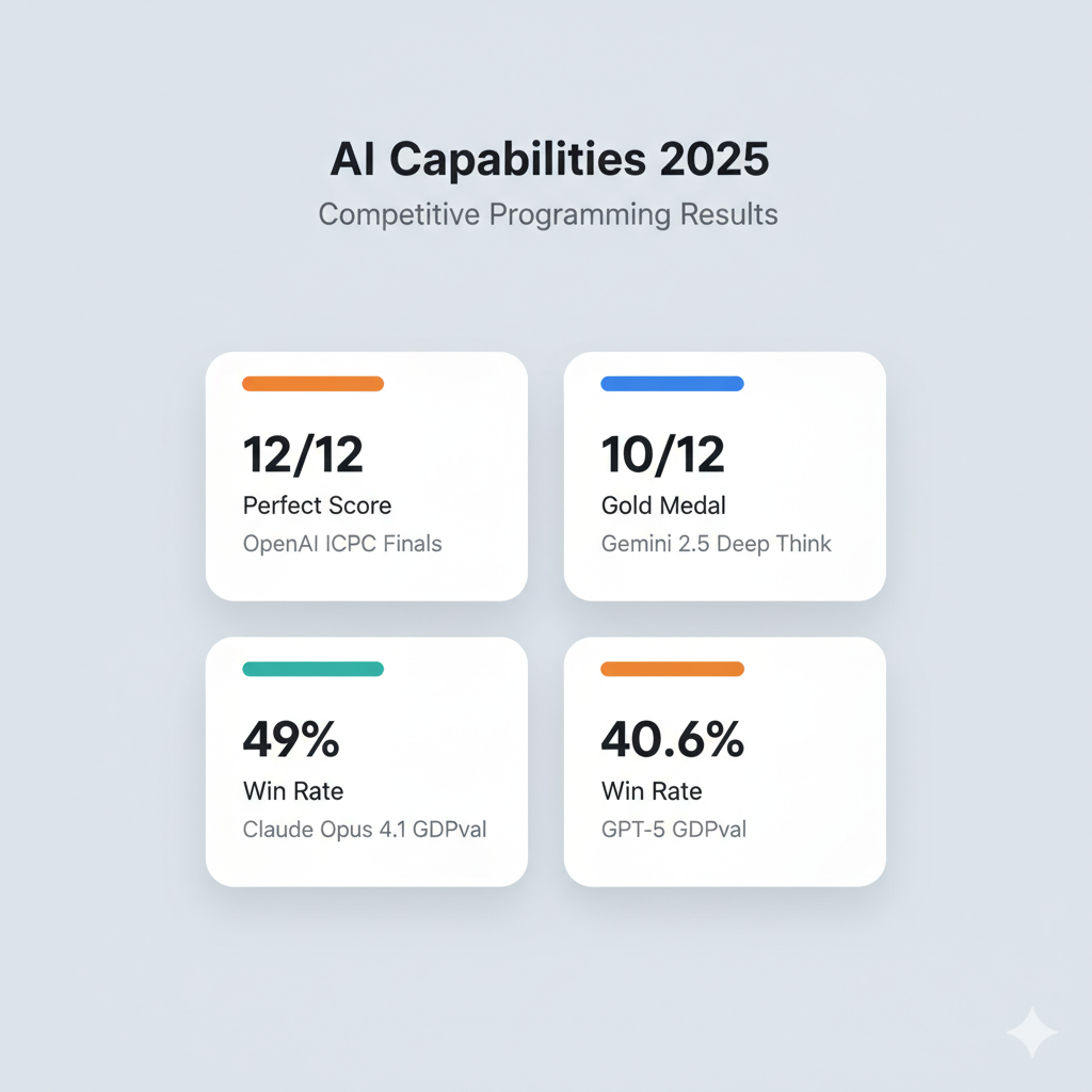 AI capability breakthroughs showing competitive programming achievements and benchmark results from 2025