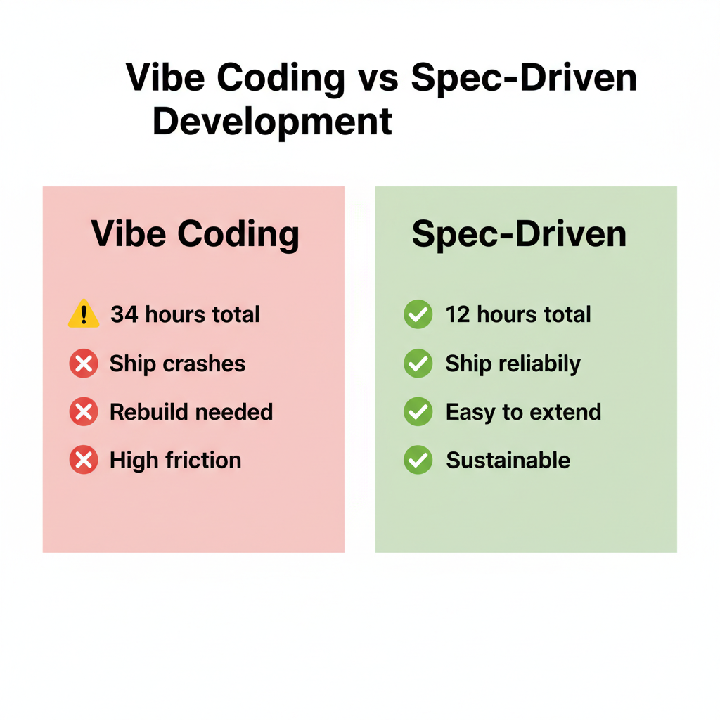 Timeline comparison of vibe coding vs spec-driven development showing total time and rework costs