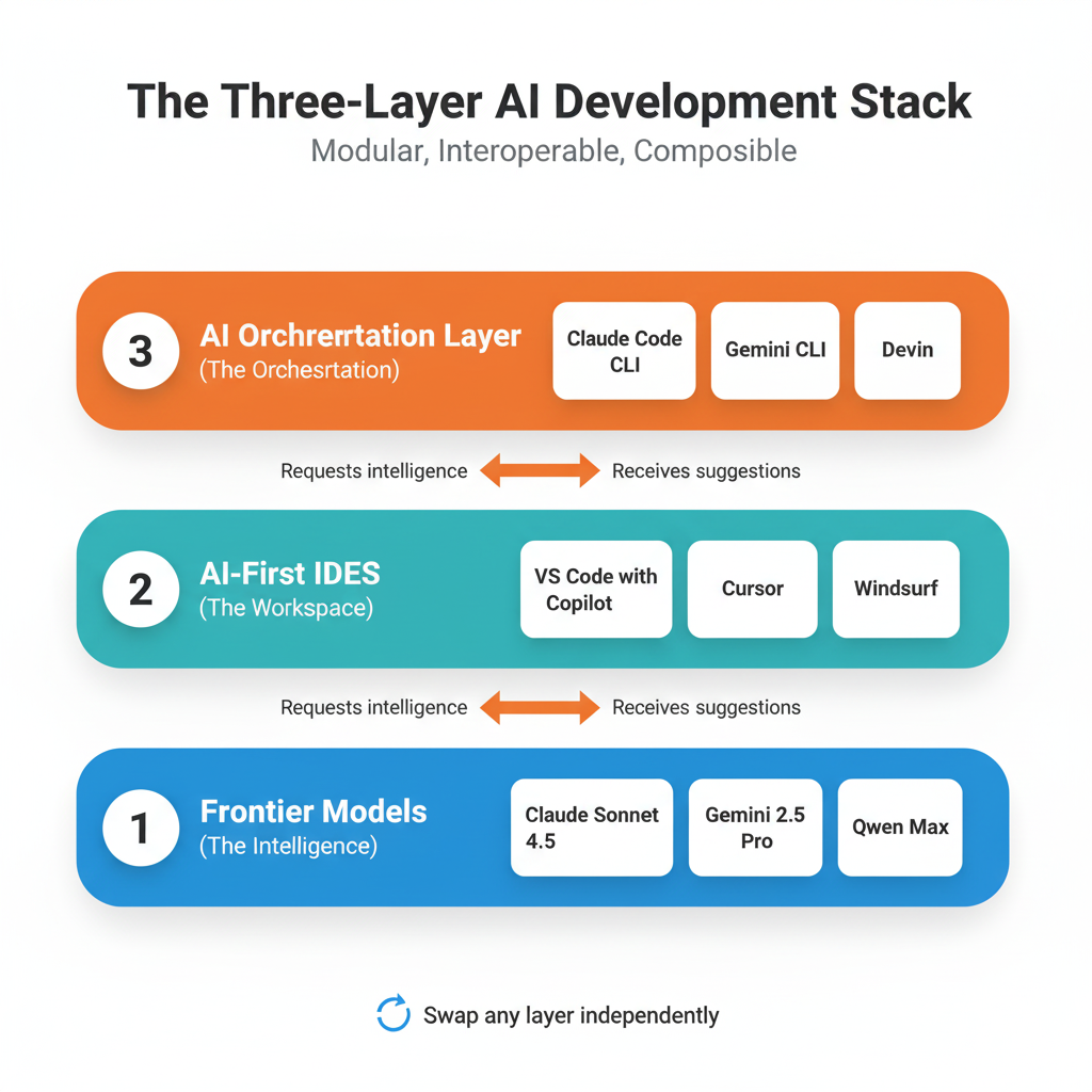 The three-layer AI development stack showing modular, interoperable, composable architecture