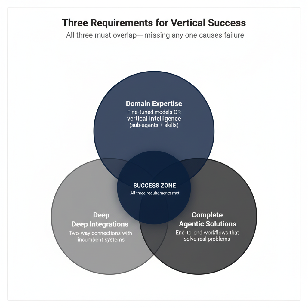 Venn diagram showing three overlapping requirements for vertical market success: domain expertise, deep integrations, and complete agentic solutions, with center intersection labeled "SUCCESS ZONE" illustrating that all three must be present simultaneously