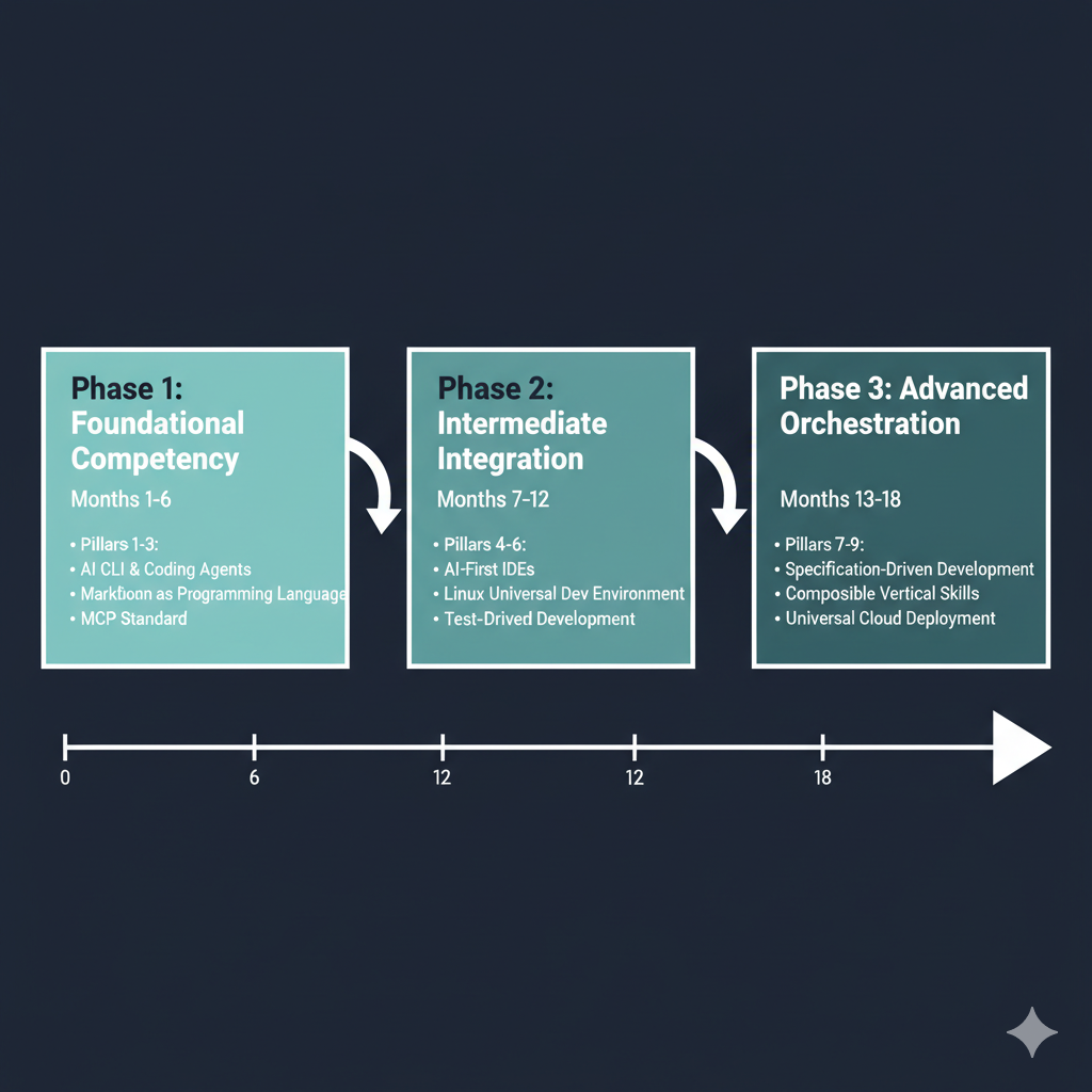 18-month learning pathway for mastering all nine AIDD pillars. Months 1-6 focus on foundational competency with pillars 1-3 (AI CLI and Coding Agents, Markdown as Programming Language, MCP Standard). Months 7-12 cover intermediate integration with pillars 4-6 (AI-First IDEs, Linux Universal Dev Environment, Test-Driven Development). Months 13-18 advance to orchestration with pillars 7-9 (Specification-Driven Development, Composable Vertical Skills, Universal Cloud Deployment)