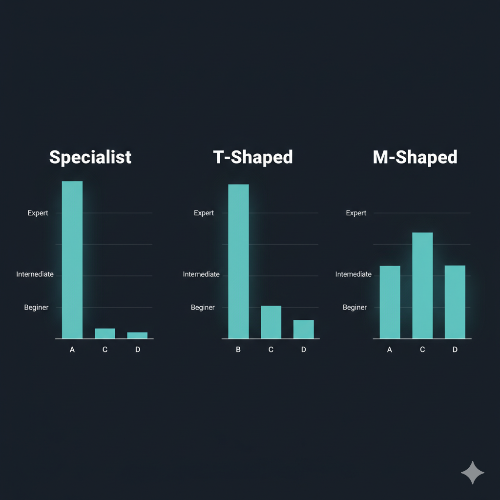Comparison of developer skill profiles: Specialist shows deep expertise in one domain, T-Shaped shows deep expertise in one domain with basic knowledge across others, M-Shaped shows deep expertise across multiple complementary domains