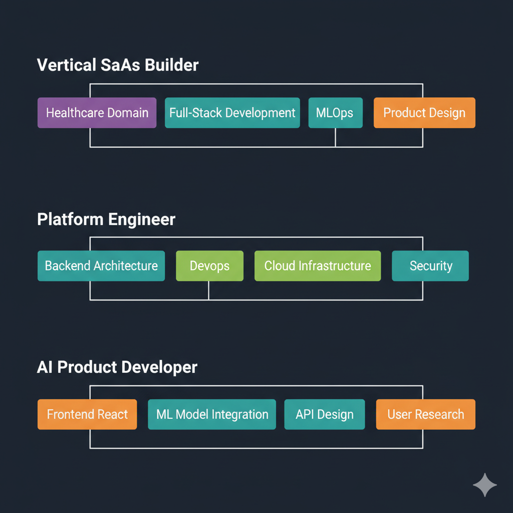 Three example M-shaped developer profiles: Vertical SaaS Builder combines healthcare domain knowledge with full-stack development, MLOps, and product design; Platform Engineer combines backend architecture, DevOps, cloud infrastructure, and security; AI Product Developer combines frontend React, ML model integration, API design, and user research