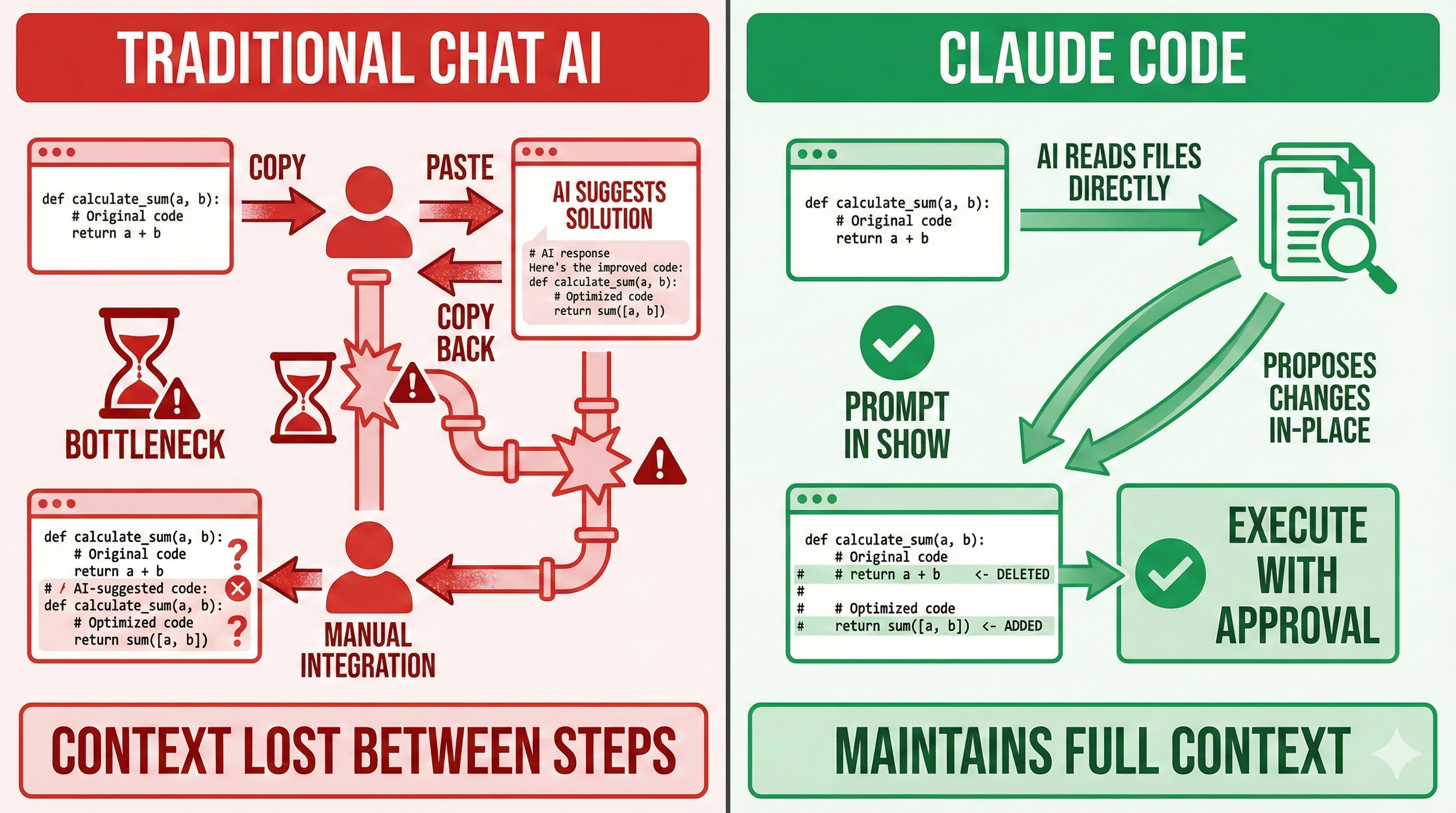 Split-screen workflow comparison showing traditional chat AI requiring manual copy-paste steps (left, red bottlenecks) versus Claude Code's autonomous workflow with file context and command execution (right, green flow)