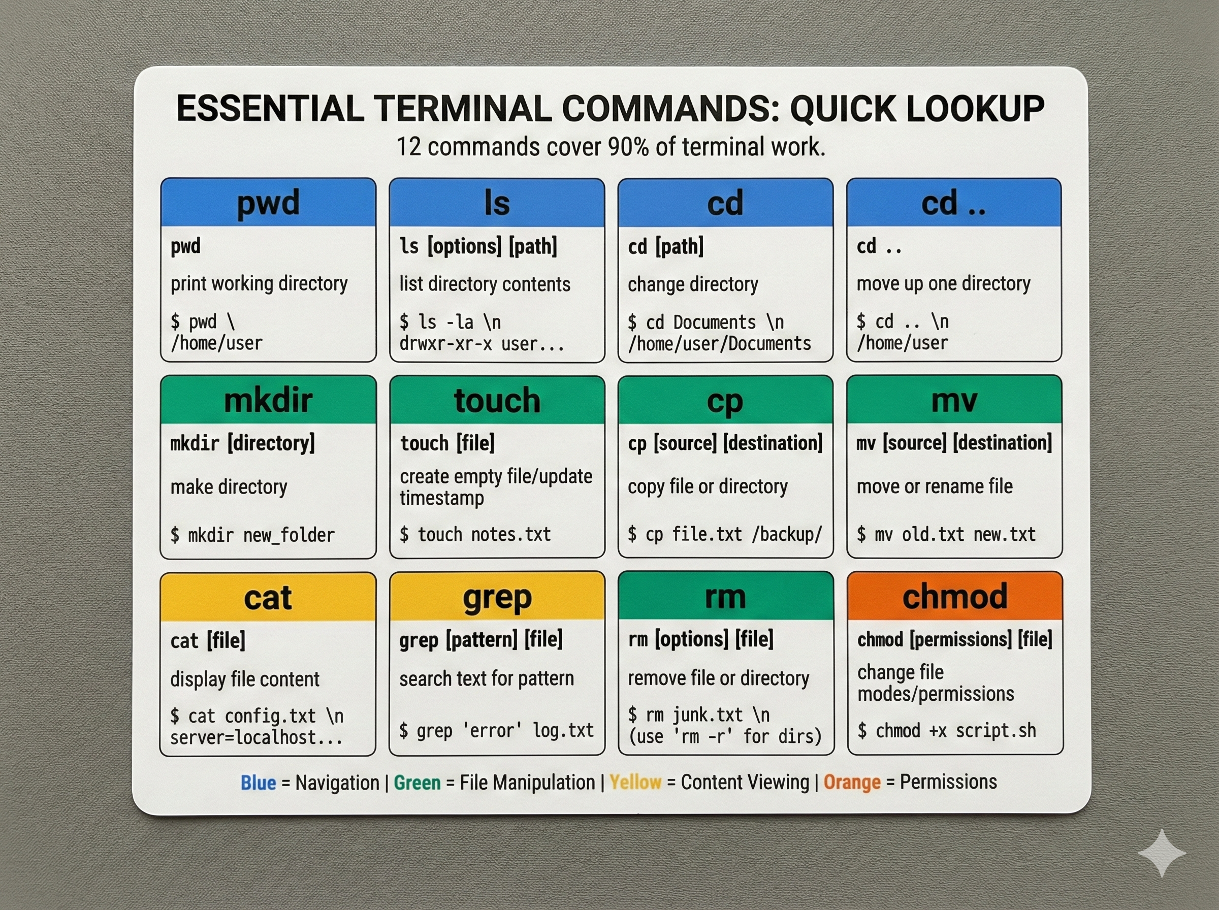 Reference card showing 12 essential bash commands (ls, cd, pwd, mkdir, rm, cp, mv, cat, grep, find) with syntax, common flags, and practical usage examples