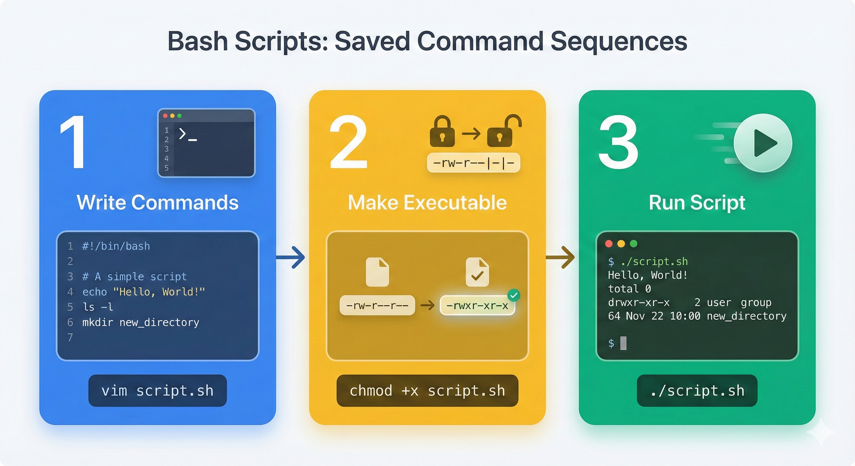 Workflow showing script creation, chmod +x permission setting, shebang interpretation (#!/bin/bash), execution methods (./script.sh vs bash script.sh), and output capture