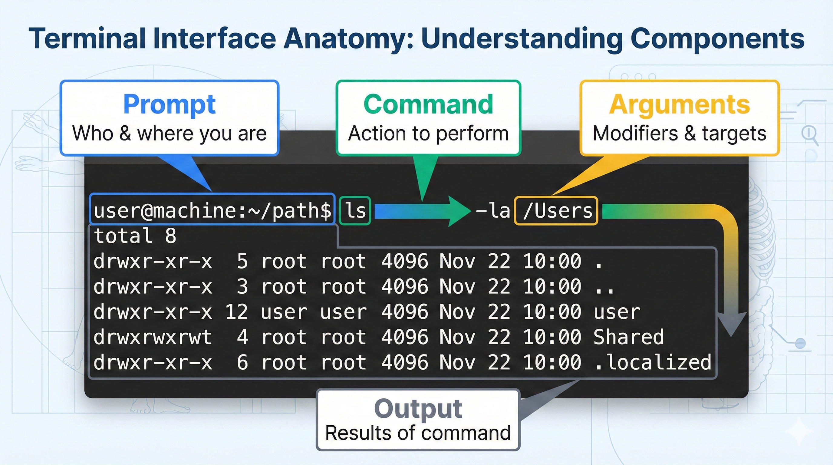Annotated terminal screenshot showing prompt (username@host), command (ls), arguments (-la /home), and output (file listing), with labels explaining each component and their purposes