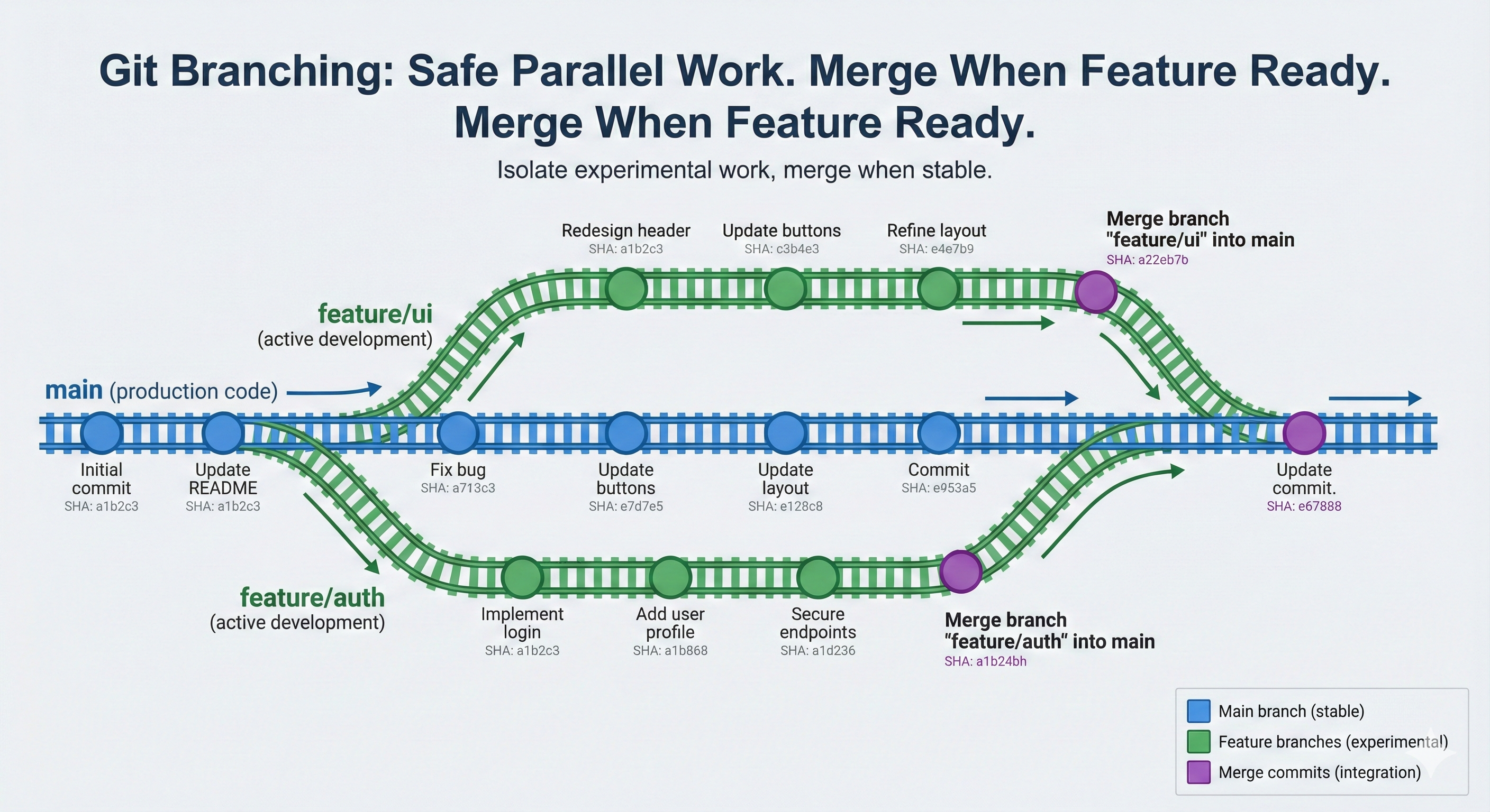 Strategic branching diagram showing main (production), develop (integration), feature branches (temporary), hotfix branches (emergency fixes), and release branches (staging), with merge paths and policies