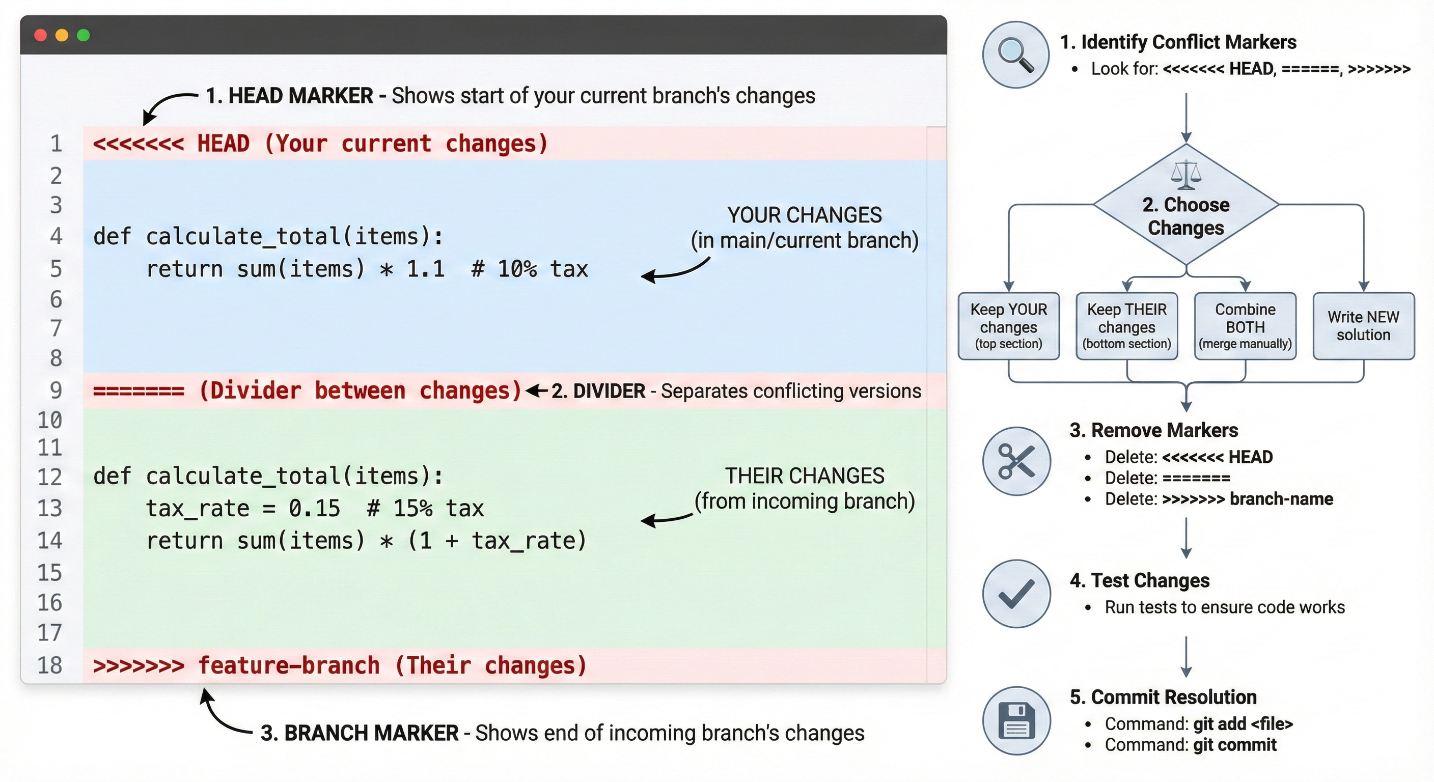 Annotated conflict showing HEAD marker with your changes, divider, and branch marker with their changes, with resolution steps: identify conflict markers, choose changes, remove markers, test, commit