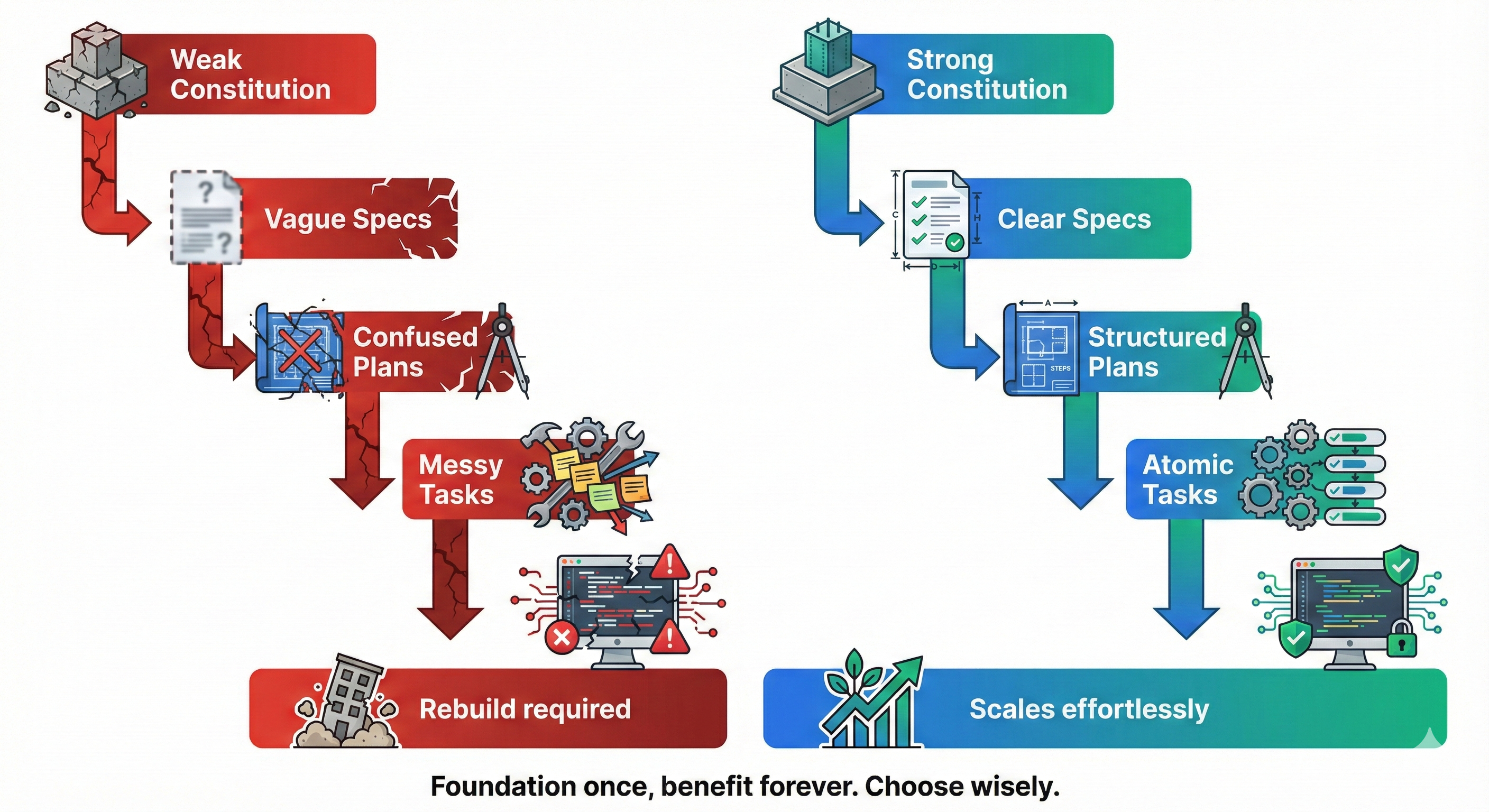 Flow diagram showing how constitution principles cascade through specifications to ensure quality and consistency across team development