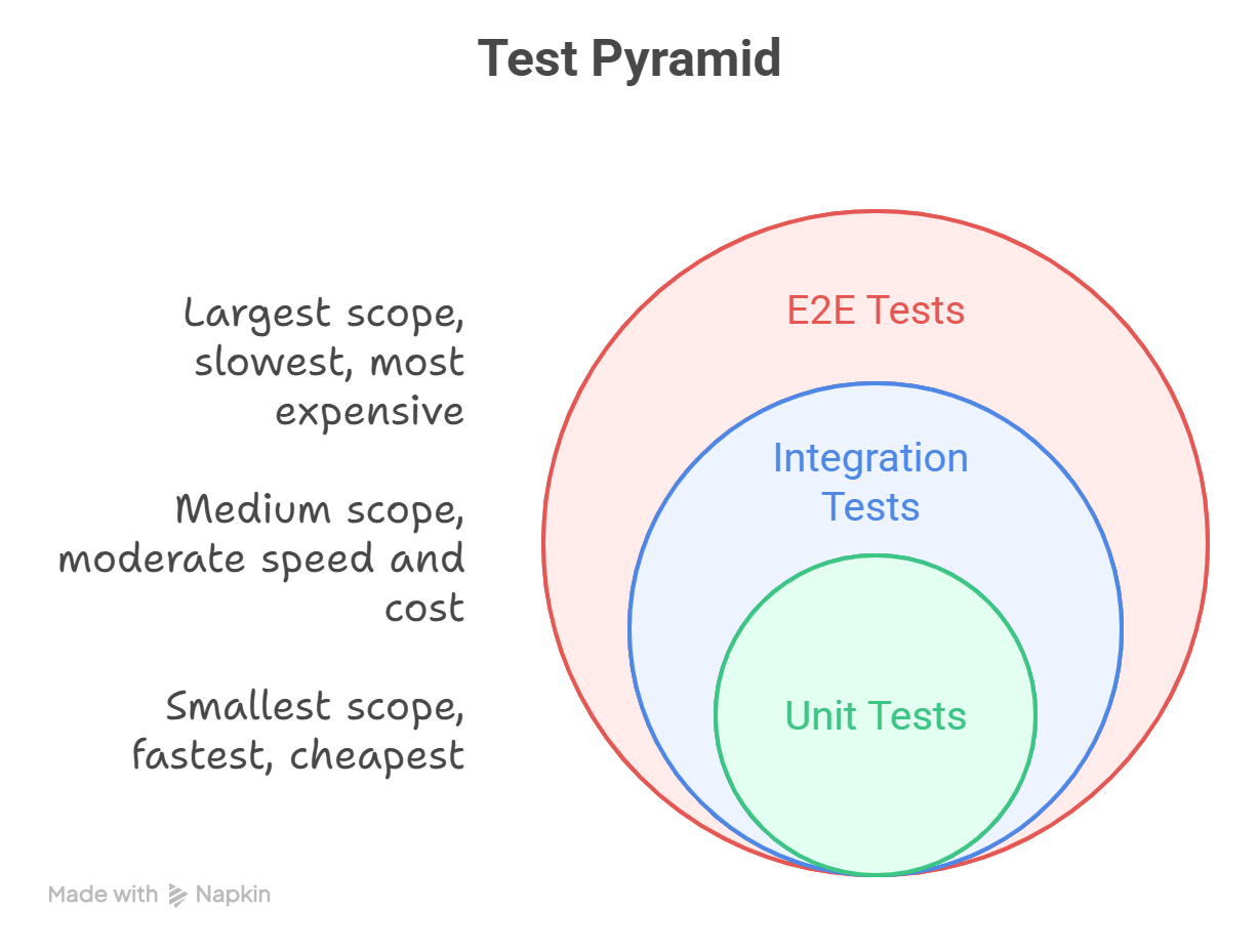 Test Pyramid: many unit tests at the base, some integration tests in the middle, few E2E tests at the top