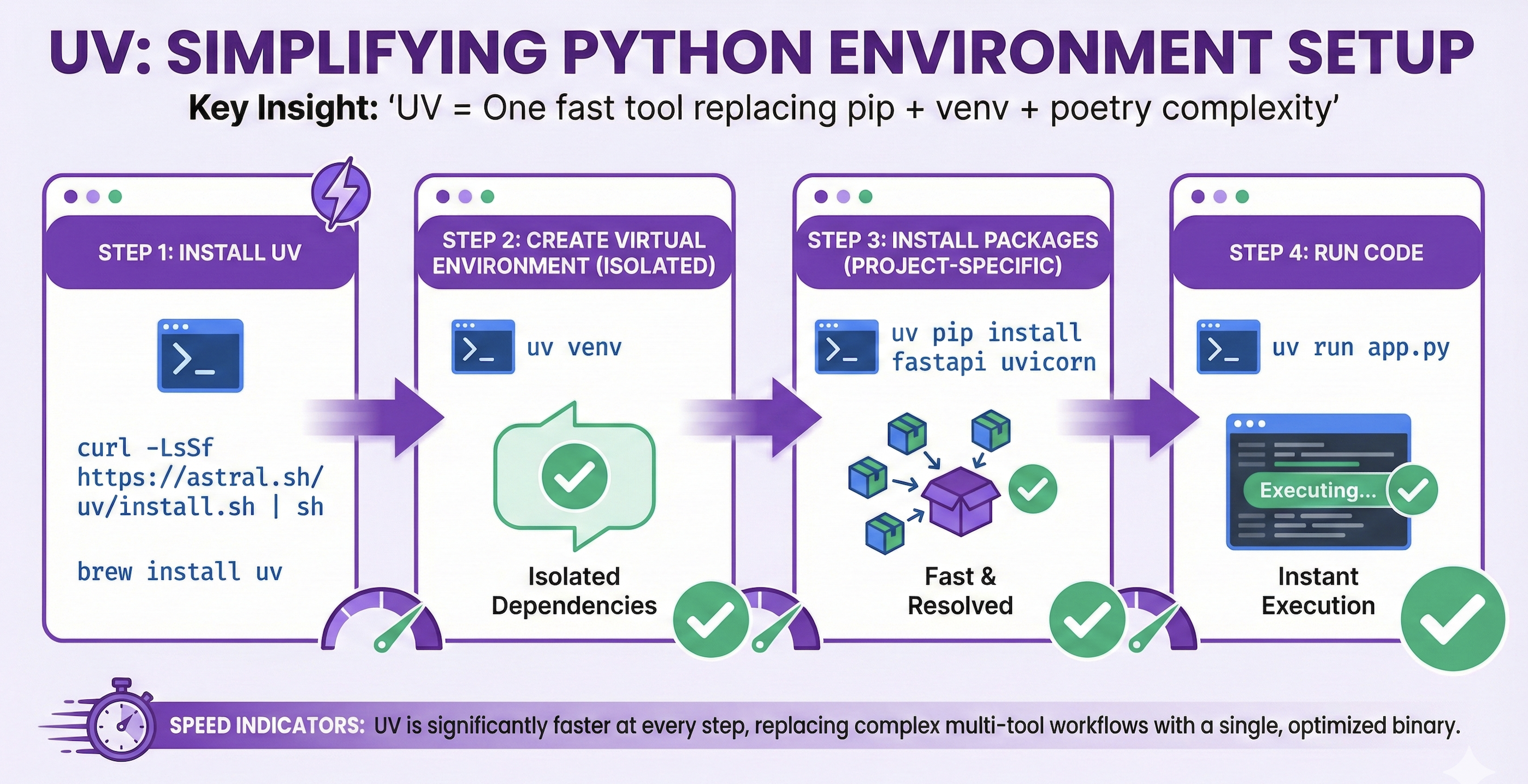 UV four-step workflow showing Install UV (curl/brew), Create venv (uv venv), Install packages (uv pip install), Run code (uv run app.py), with speed indicators and success checkpoints