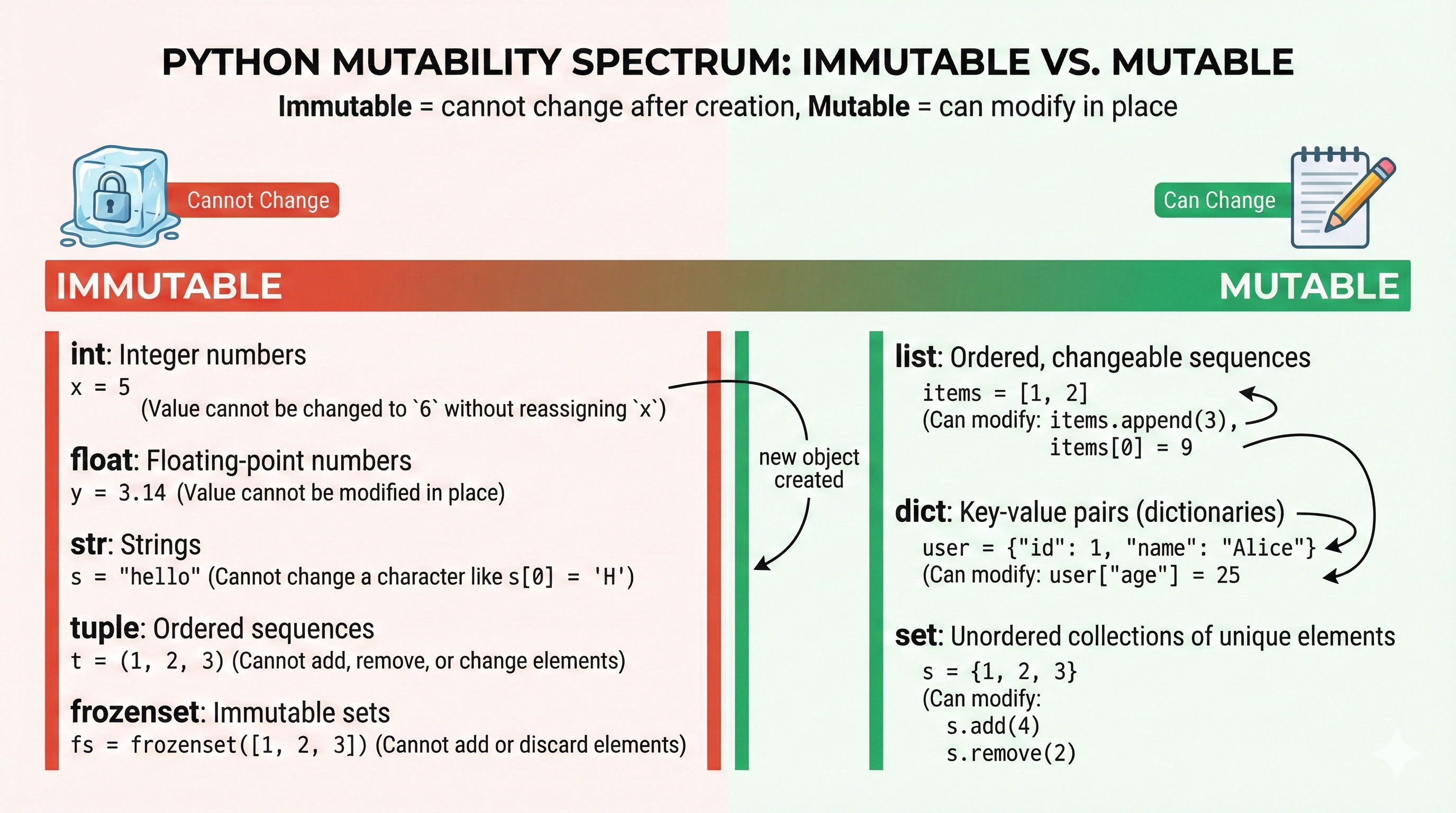 Spectrum diagram showing Python mutability from immutable types (int, str, tuple, frozenset) to mutable types (list, set, dict) with memory implications and use cases