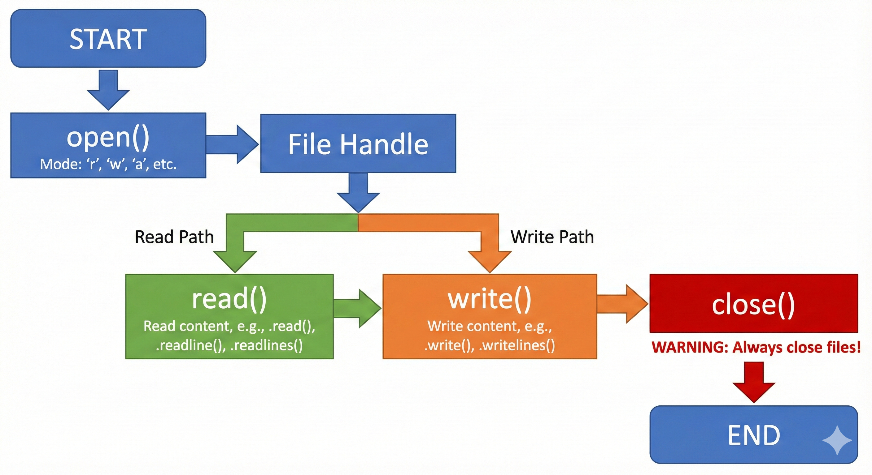 Diagram showing Python file operations flow including open, read/write, and close operations with context manager pattern ensuring automatic cleanup