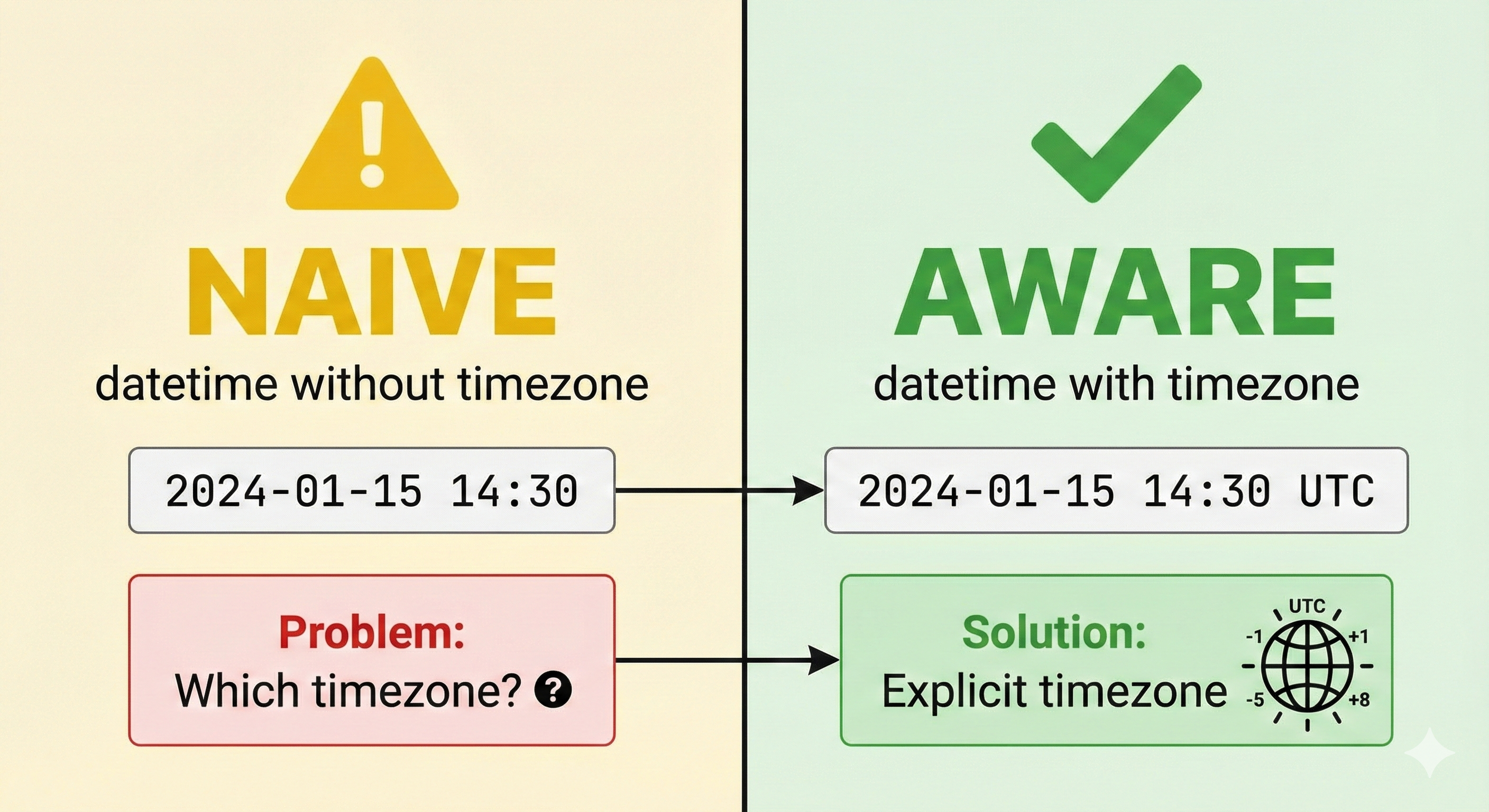 Diagram comparing naive datetime objects without timezone information versus timezone-aware datetime objects with UTC offset, showing pitfalls of mixing naive and aware datetimes