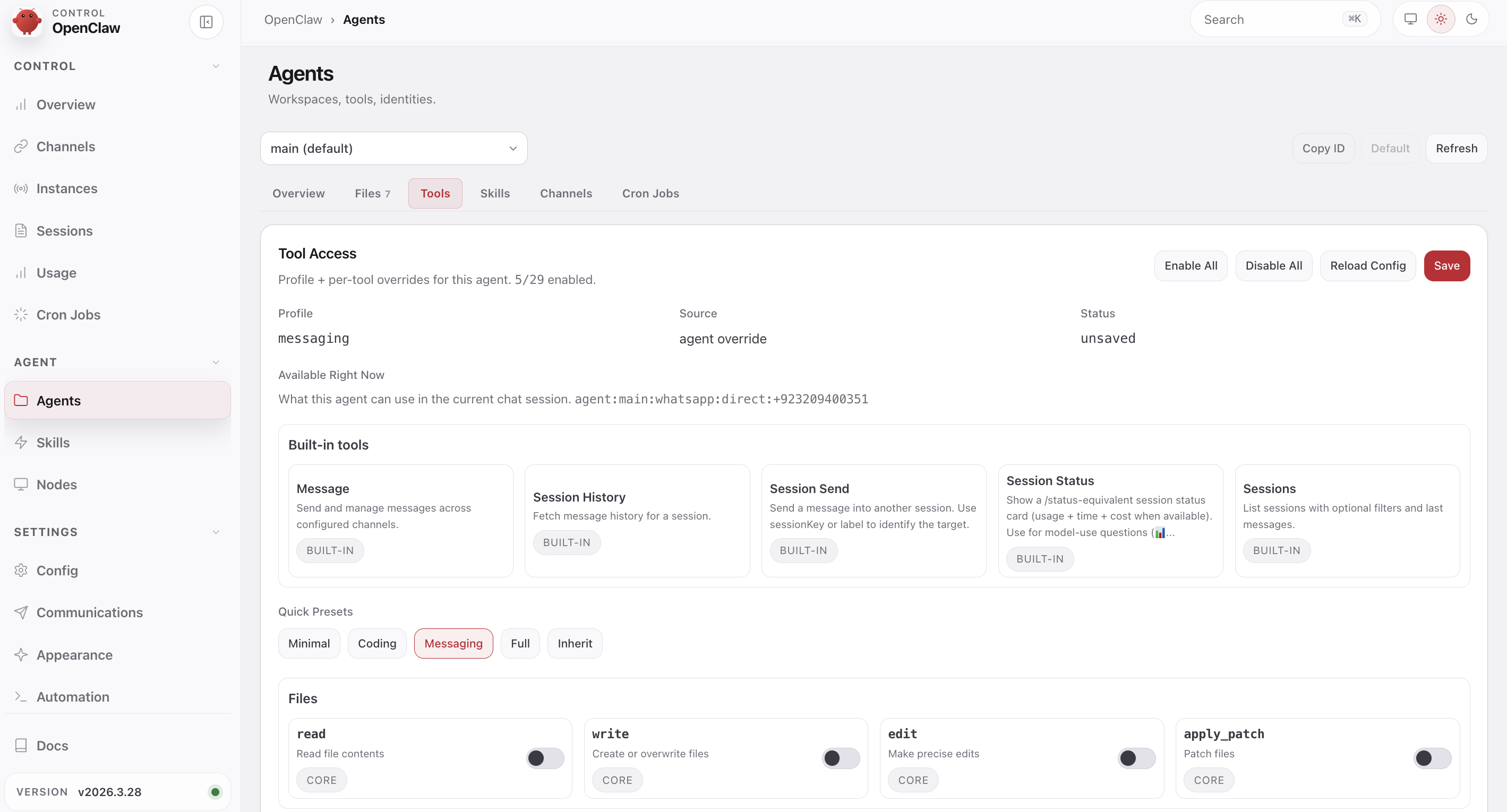 The Agents page in the OpenClaw dashboard showing Quick Presets (Minimal, Coding, Messaging, Full) and the list of tools enabled for the current profile.